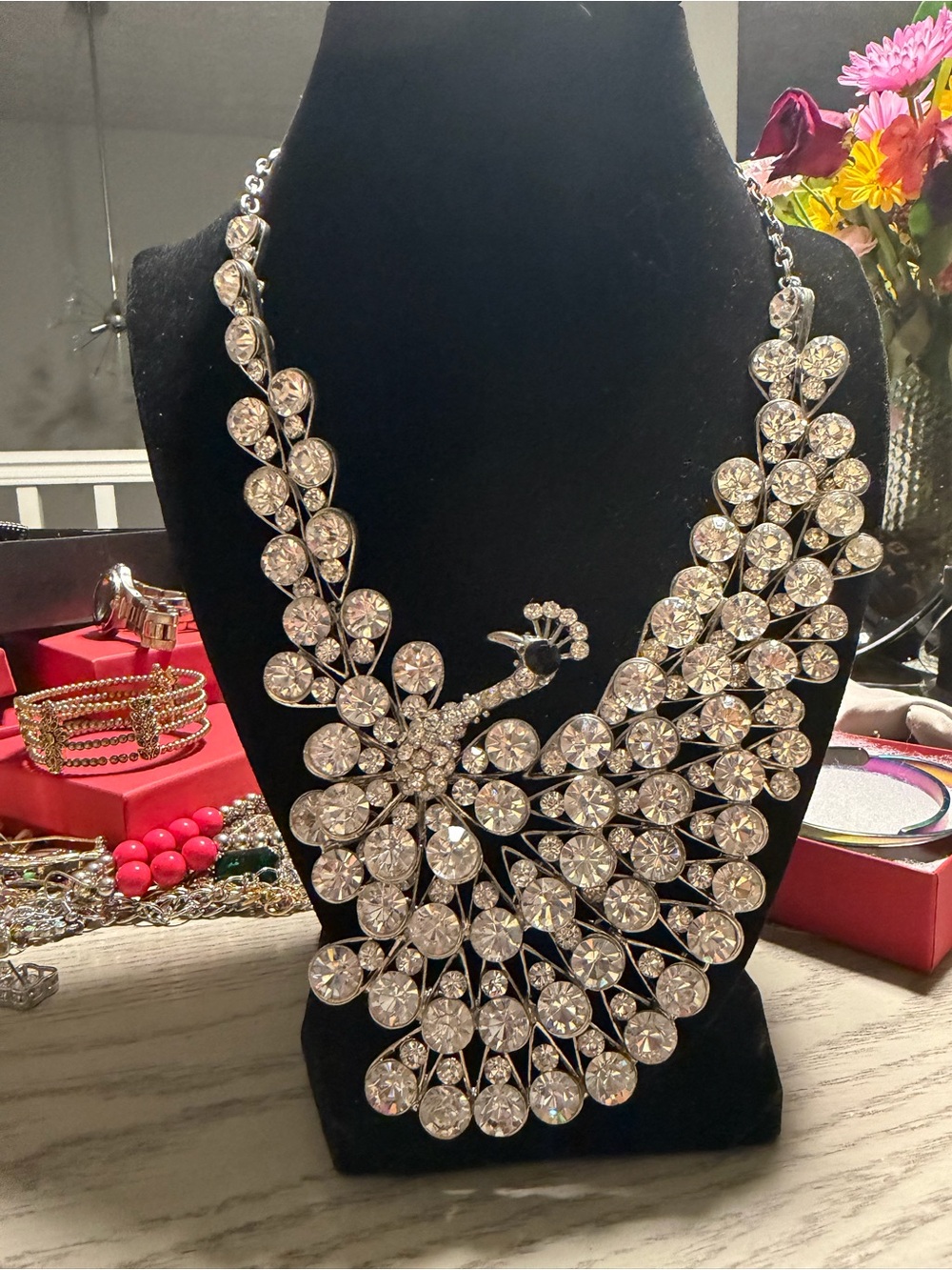 Sparkling Crystal Peacock Statement Necklace - Silver-Tone